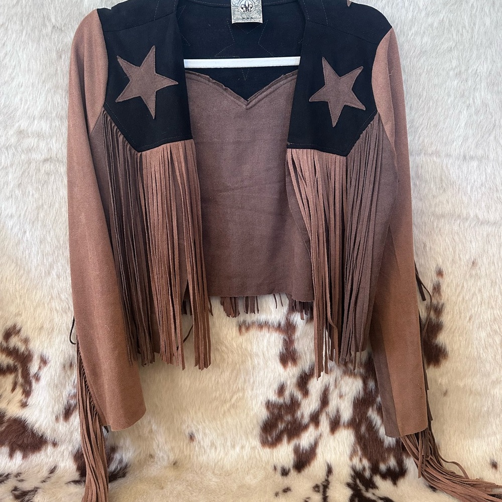 Vocal Brown Suede Fringe Jacket with Black Star Yoke